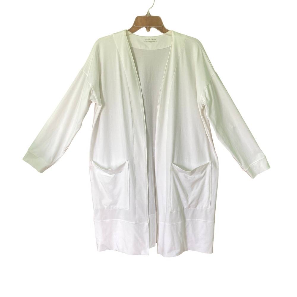 Eileen Fisher Cotton Longline Cardigan White Open Front Minimalist (Size M)